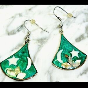 Vintage Abalone Moon & Stars Green Enameled Alpaca Mexico Silver Hook Earrings